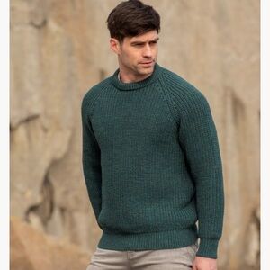 Aran Crafts Men's Fisherman Deep Green Moss Crewneck chunky knit Sweater L